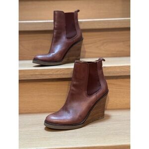 Lucky Brand Brown Leather Fedora Wedge Ankle Boots Size 9